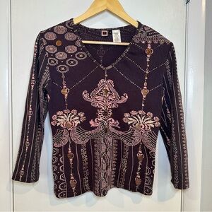 Forbidden Y2K Boho 3/4 Quarter Sleeve Top. Size: Medium. Multicolor.